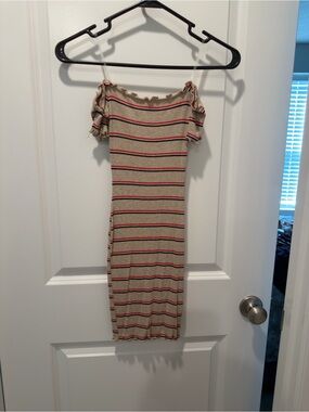 Striped Beige Off-Shoulder Midi Dress with Red & Navy Accents
